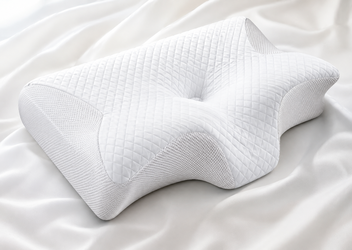 Nova Ergonomic Neck Support Pillow on white bedding